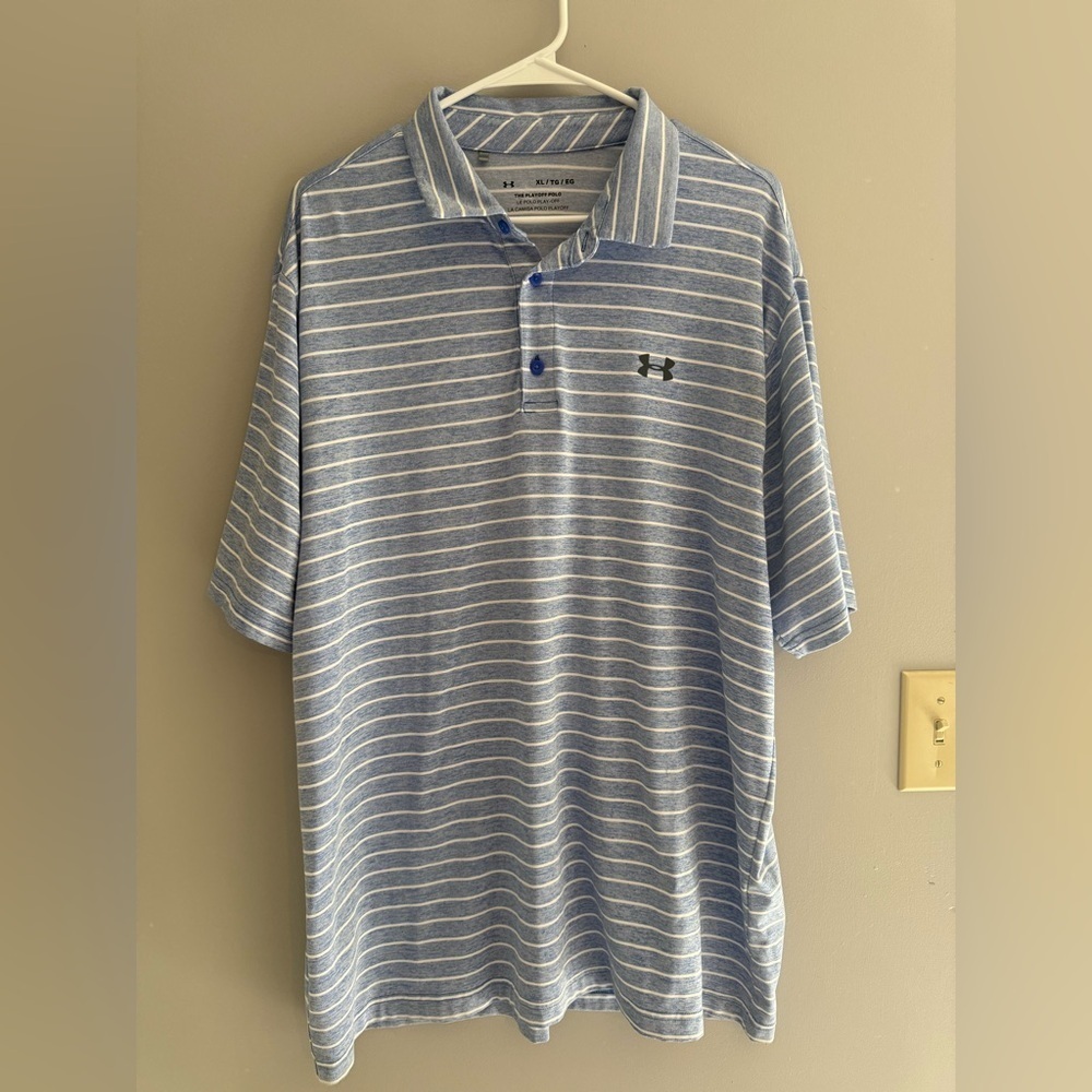 Under Armor Mens Blue White Striped Play Off Polo SZ XL Short Sleeve Collared